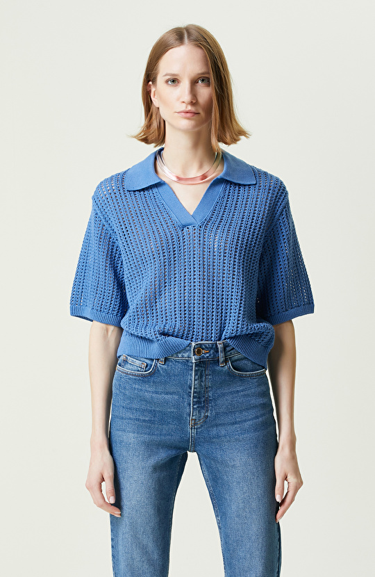 Saks Mavisi Kısa Kollu Triko Kazak