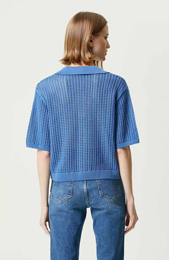 Saks Mavisi Kısa Kollu Triko Kazak