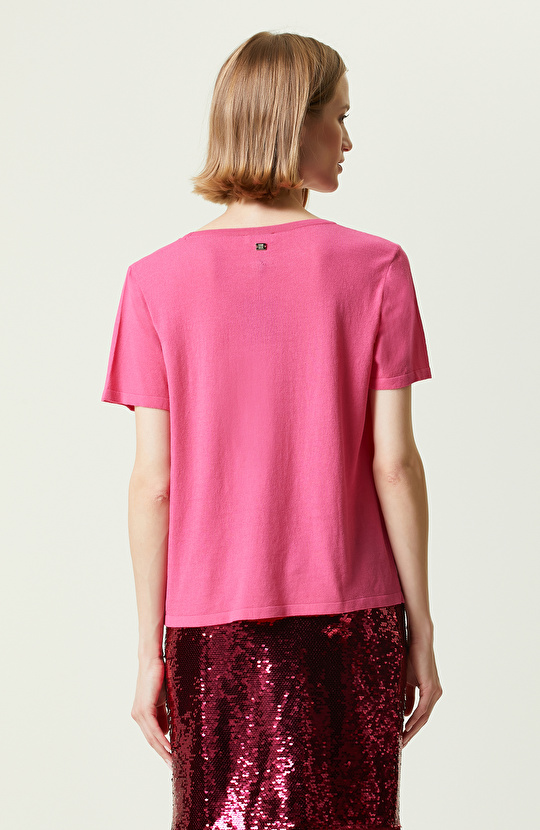 Pembe Kısa Kollu Bisiklet Yaka Kazak