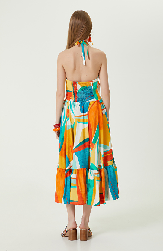 Yeşil Ekru Askılı V Yaka Elbise