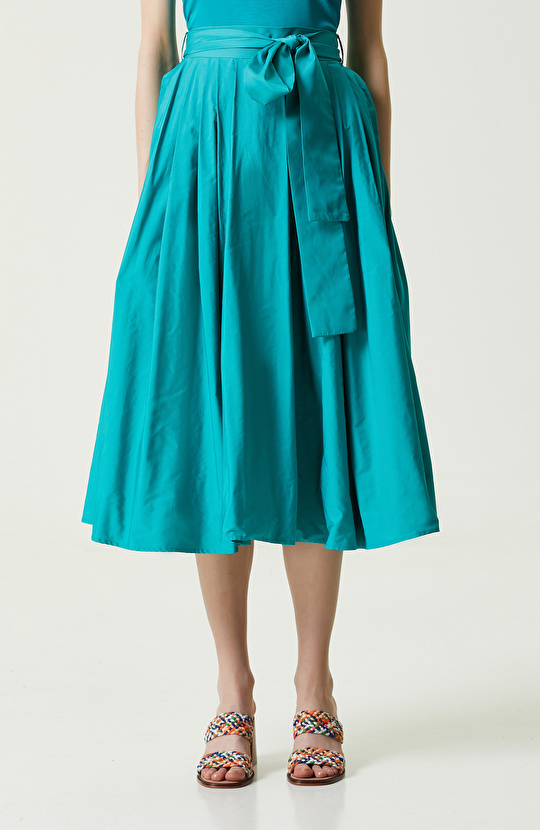 Ördek Başı Yeşil Yüksek Bel Tafta Etek