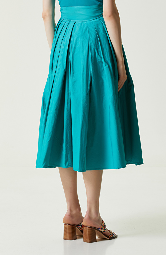 Ördek Başı Yeşil Yüksek Bel Tafta Etek