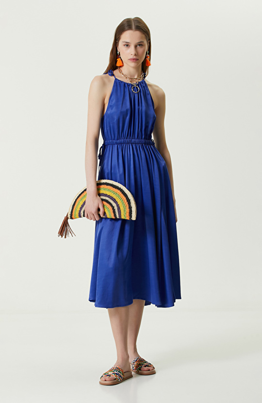 Saks Mavisi Askılı Triko Elbise