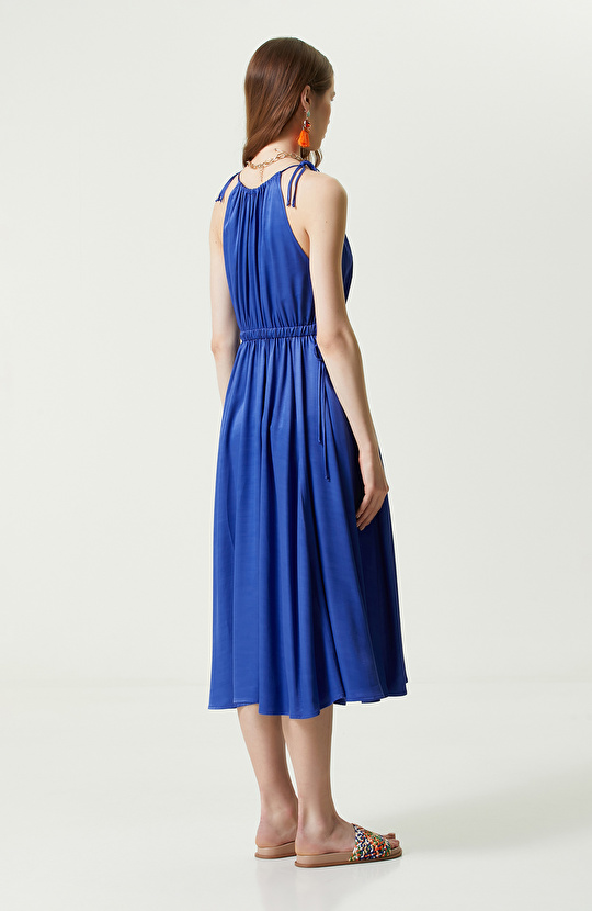 Saks Mavisi Askılı Triko Elbise