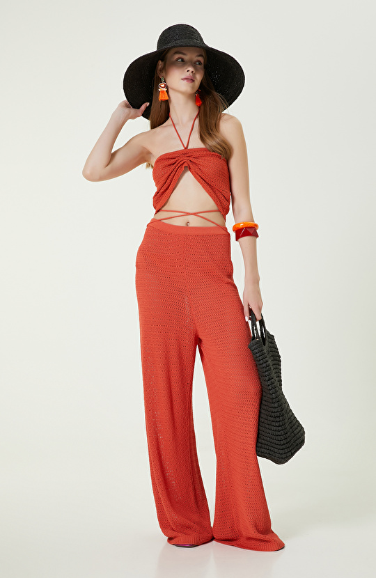 Turuncu Askılı Straplez Triko Bluz