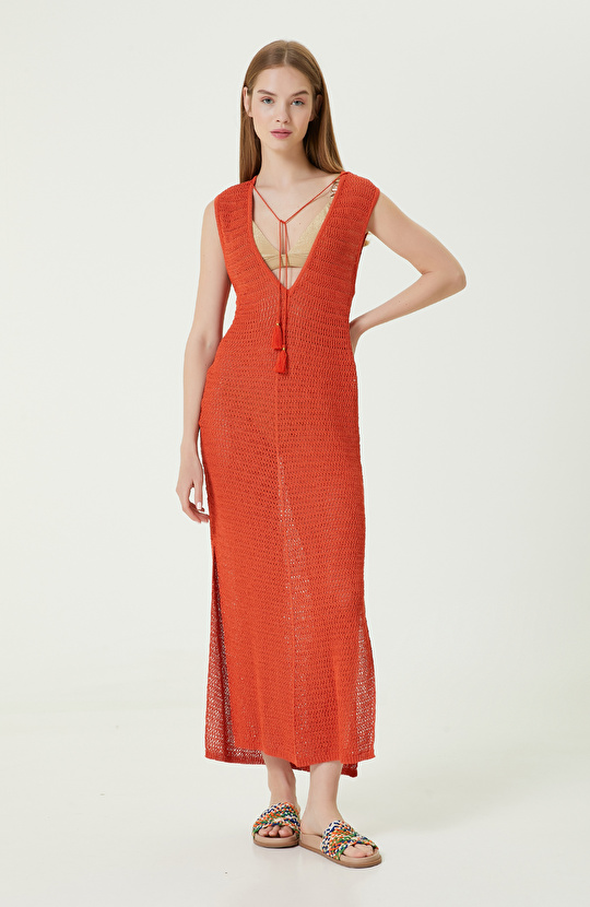 Turuncu V Yaka Ajur Örgülü Triko Plaj Elbisesi