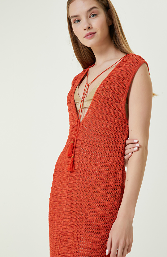 Turuncu V Yaka Ajur Örgülü Triko Plaj Elbisesi
