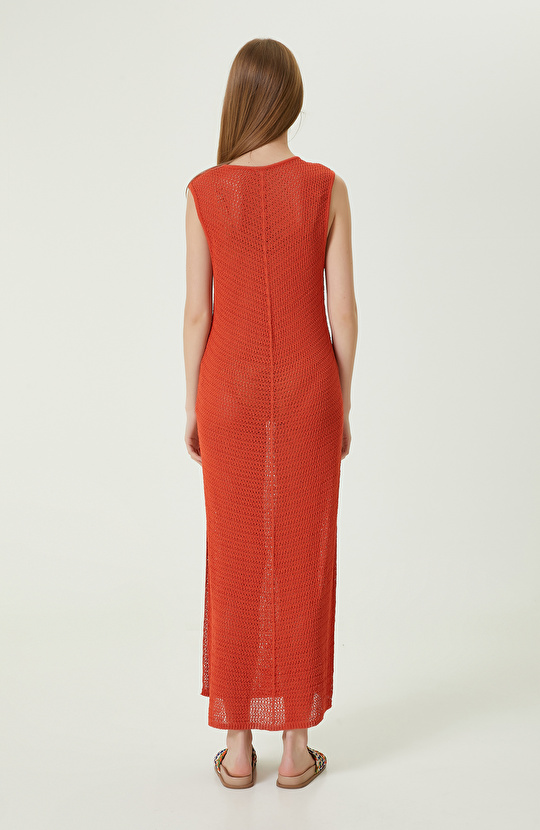 Turuncu V Yaka Ajur Örgülü Triko Plaj Elbisesi