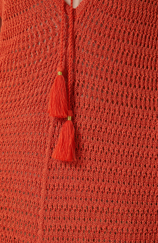 Turuncu V Yaka Ajur Örgülü Triko Plaj Elbisesi