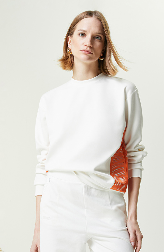 N-Tech Beyaz-Turuncu Bisiklet Yaka Sweatshirt