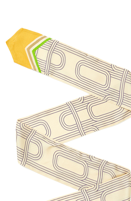 Ekru Safran Geometrik Desenli Kadın İpek Fular