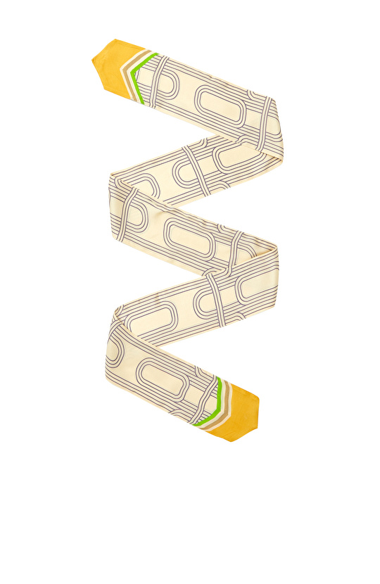 Ekru Safran Geometrik Desenli Kadın İpek Fular