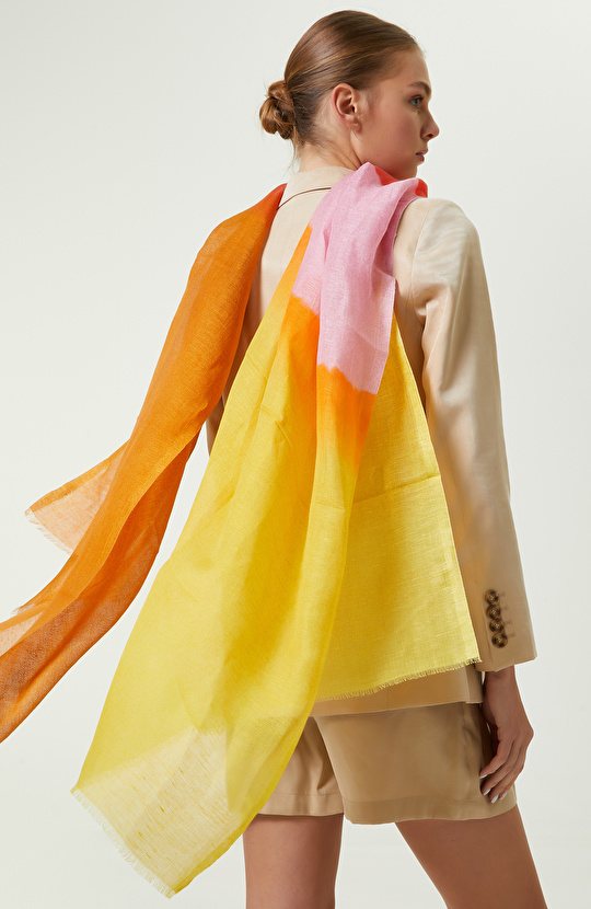 Turuncu Blok Desenli Kadın Keten Şal