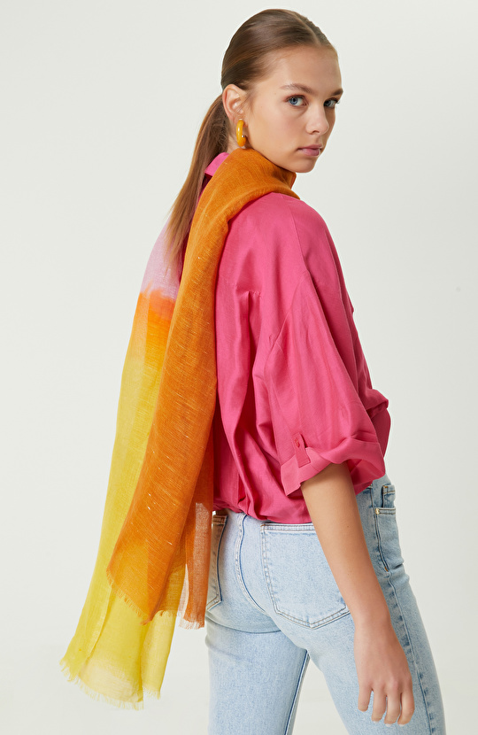 Turuncu Blok Desenli Kadın Keten Şal