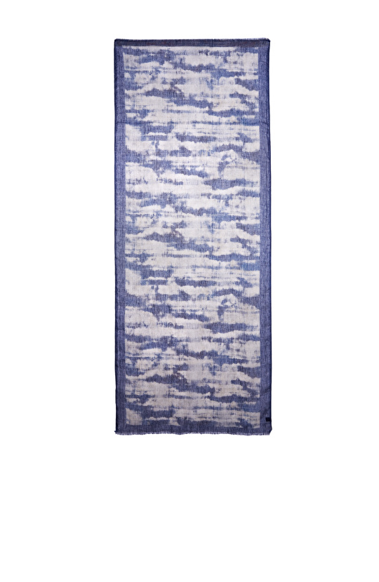 Beyaz Lacivert Batik Desenli Erkek Keten Şal 