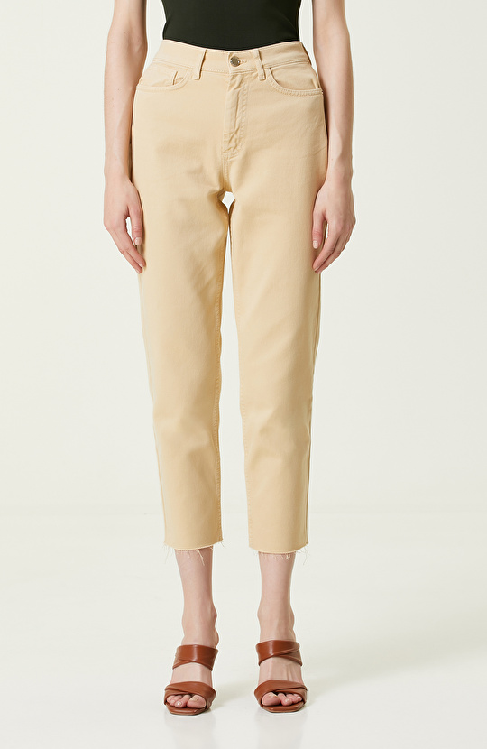 Koyu Bej Yüksek Bel Denim Pantolon