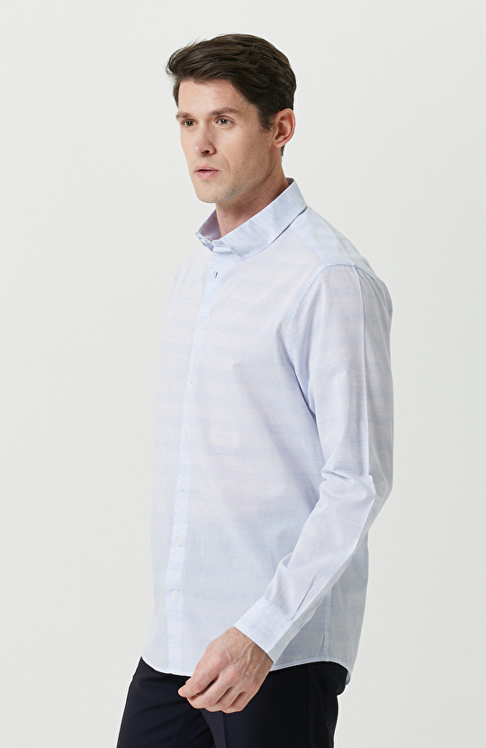 Alttan Britli Yaka Mavi Çizgili Gömlek