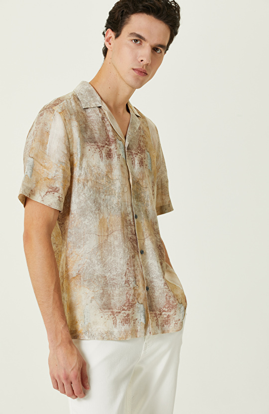 Bej Baskılı Keten Gömlek