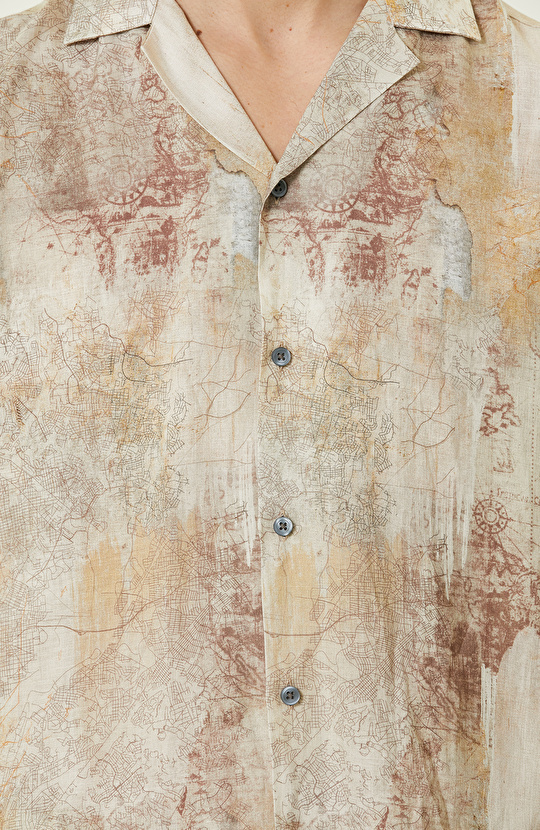 Bej Baskılı Keten Gömlek