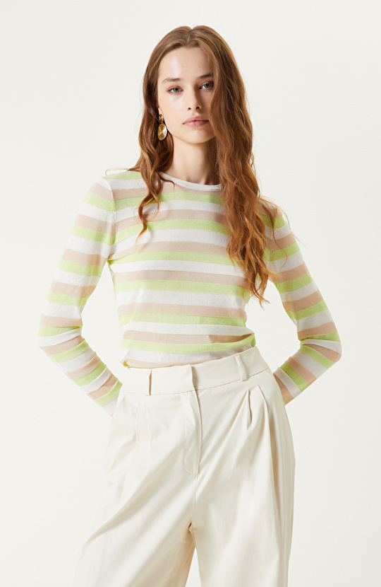 Neon Yeşil Çizgili Triko Kazak
