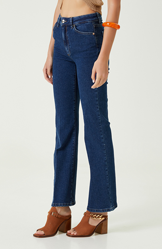 Indigo Mavi Geniş Paça Denim Pantolon