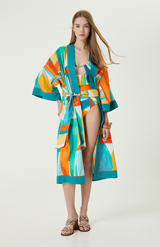 Sarı Yeşil Geometrik Desenli Renkli Mayo