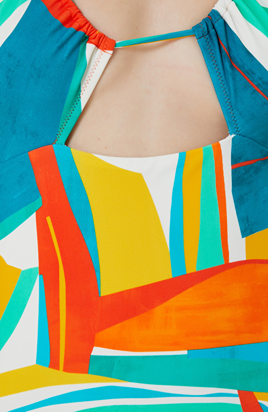 Sarı Yeşil Geometrik Desenli Renkli Mayo