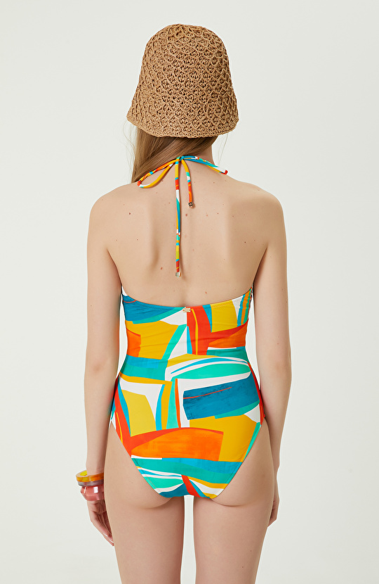 Sarı Yeşil Geometrik Desenli Renkli Mayo