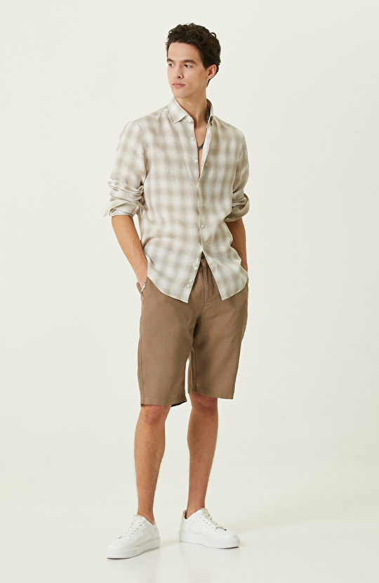 Bej Ekose Keten Gömlek