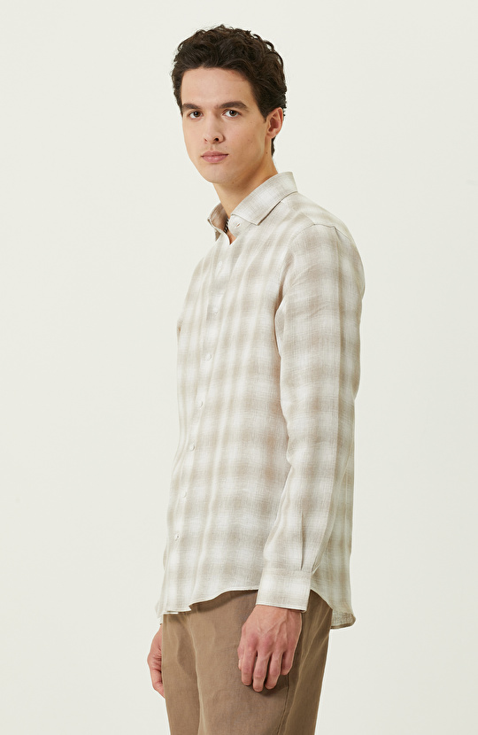 Bej Ekose Keten Gömlek