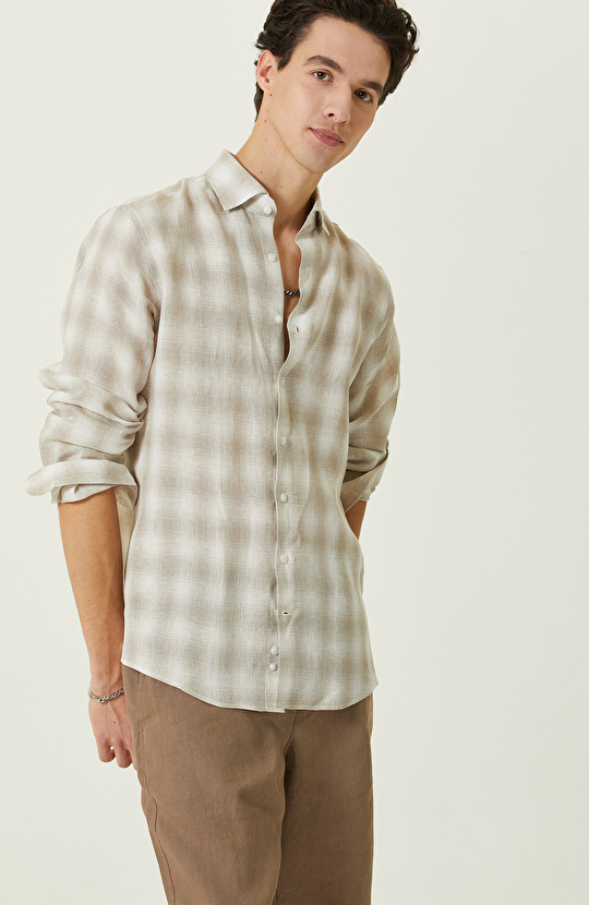 Bej Ekose Keten Gömlek