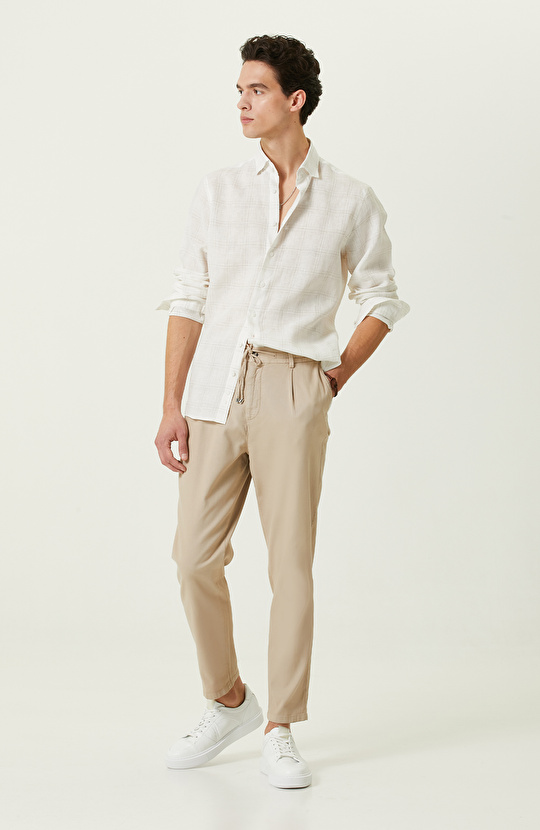 Ekru Ekose Keten Gömlek