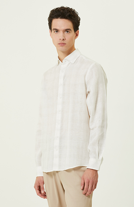 Ekru Ekose Keten Gömlek