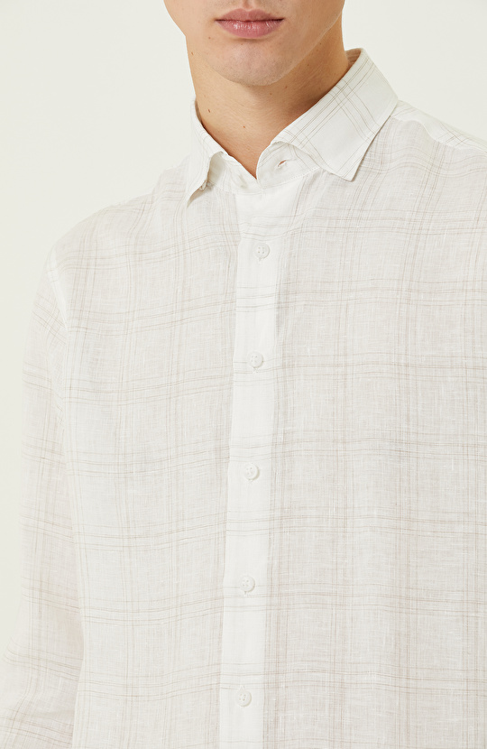 Ekru Ekose Keten Gömlek