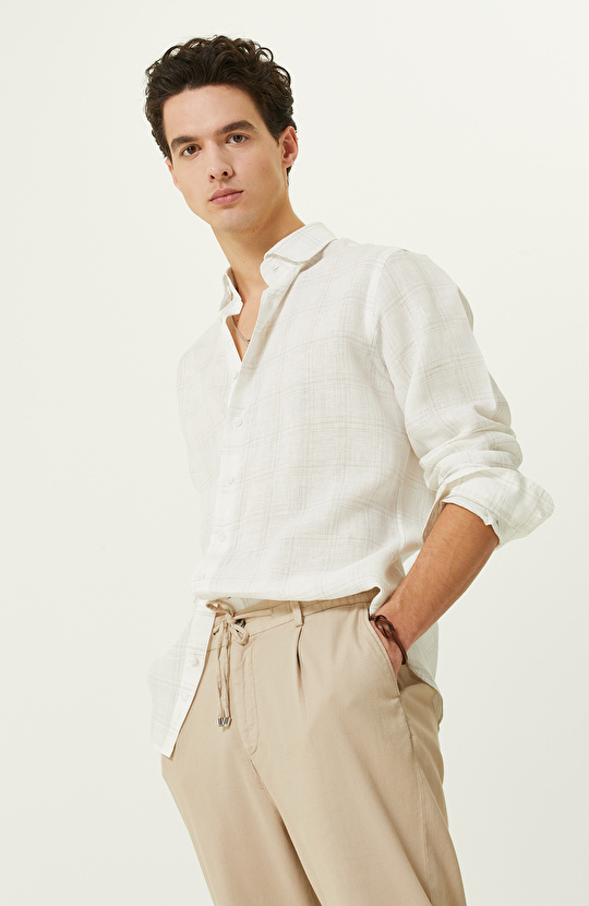 Ekru Ekose Keten Gömlek