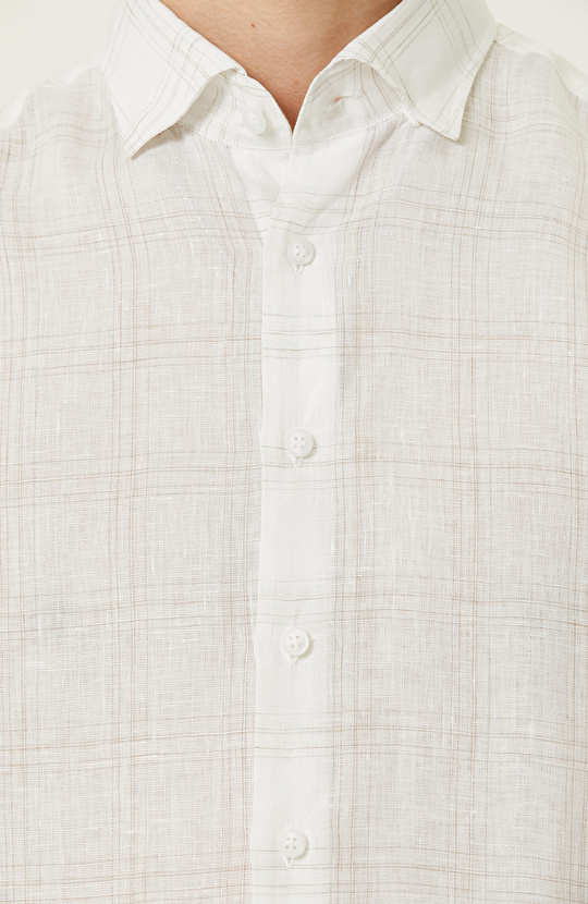 Ekru Ekose Keten Gömlek