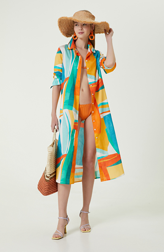 Turkuaz Desenli Gömlek Yaka Elbise