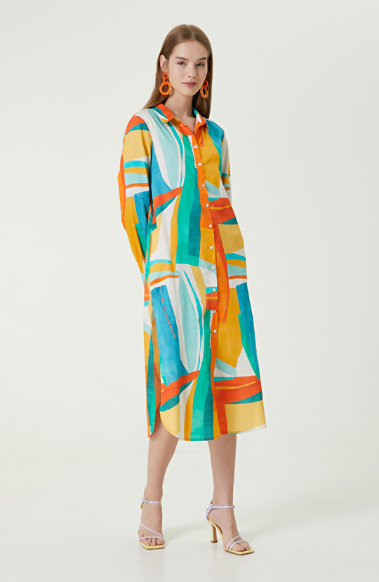 Turkuaz Desenli Gömlek Yaka Elbise