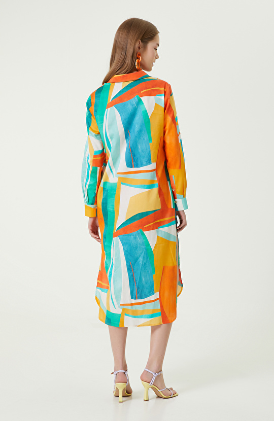 Turkuaz Desenli Gömlek Yaka Elbise