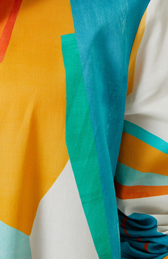 Turkuaz Desenli Gömlek Yaka Elbise