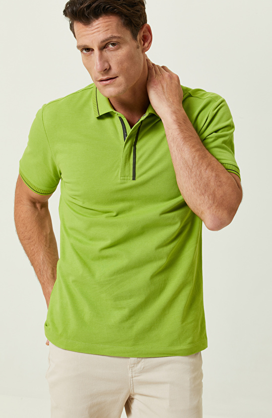 Fıstık Yeşili Fermuarlı Polo Yaka T-Shirt