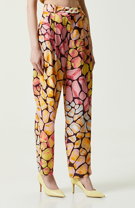 Sarı Desenli Yüksek Bel Pantolon