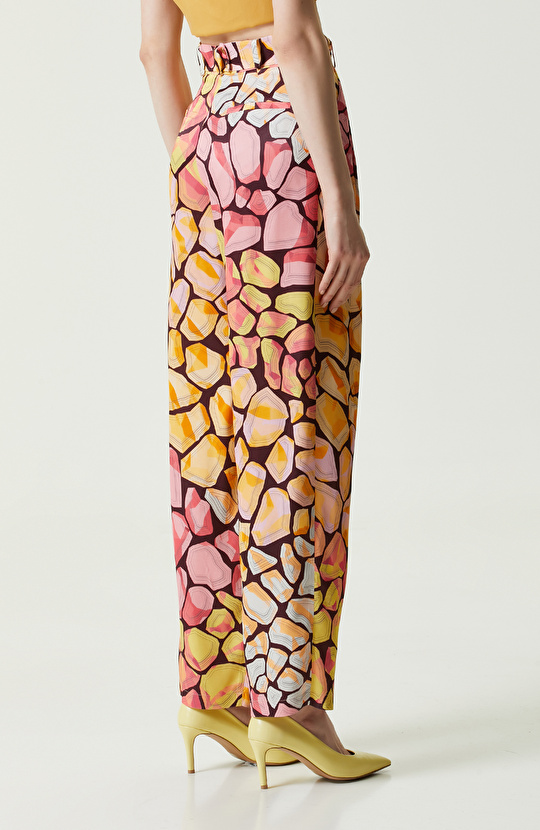 Sarı Desenli Yüksek Bel Pantolon