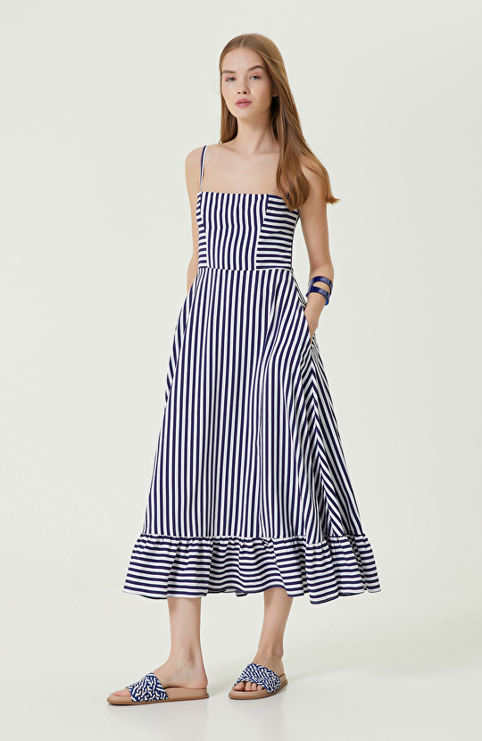 Beyaz-Lacivert Çizgili Elbise