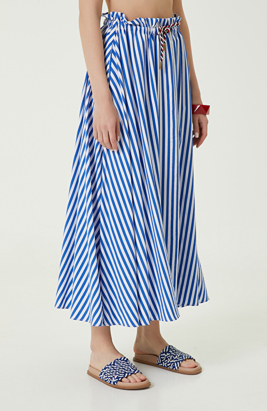 Saks Mavisi-Beyaz Çizgili Midi Boy Etek