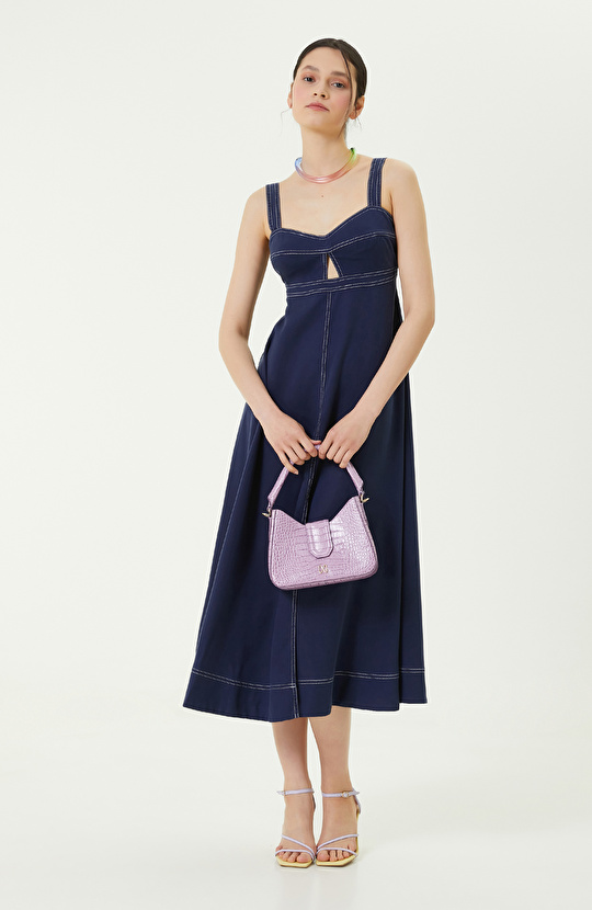 Lacivert Askılı Midi Boy Elbise