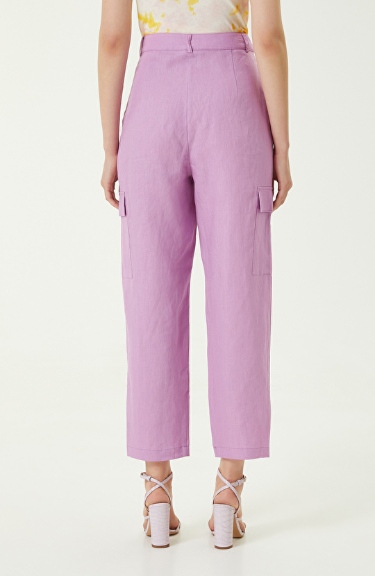 Yüksek Bel Pembe Keten Pantolon