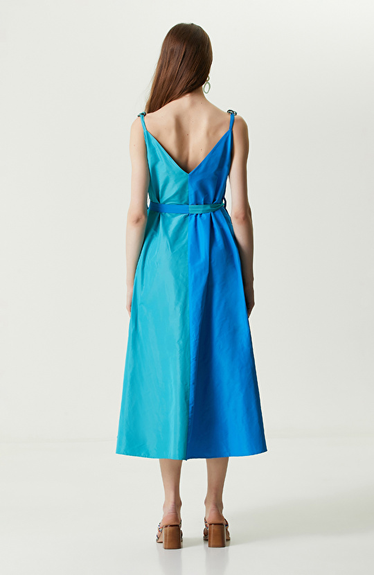 Turkuaz Askılı Uzun Tafta Elbise