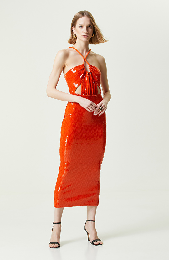 Turuncu Straplez Midi Abiye Elbise