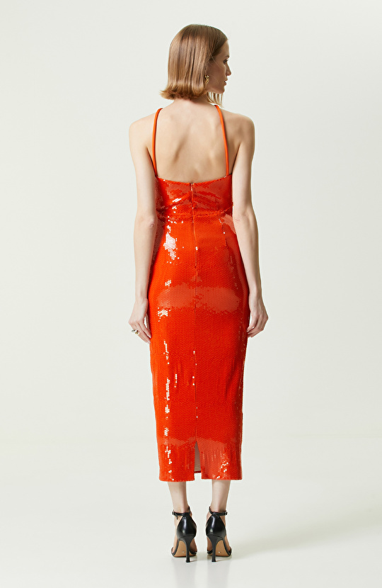 Turuncu Straplez Midi Abiye Elbise